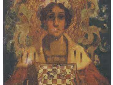 Jano Köhler st.: Alegorie Moravy, olejomalba na dřevěné desce, 120 × 90 cm. 1926. Vlastivědné muzeum v Olomouci, sign. CH 1008.